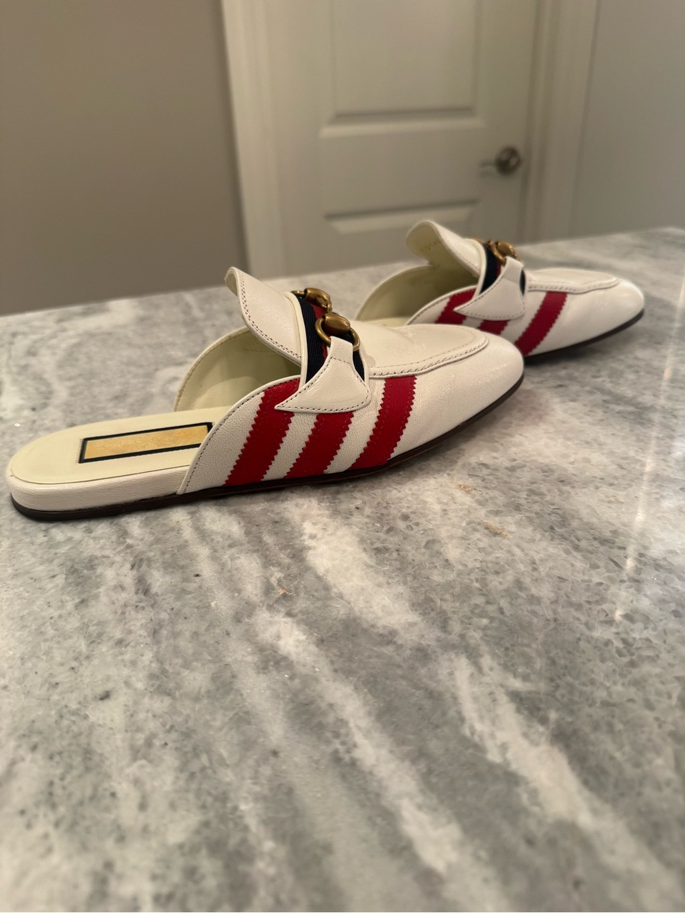 Gucci White Leather Horsebit Mule Loafers with Red & Navy Stripes - Picture 2 of 8